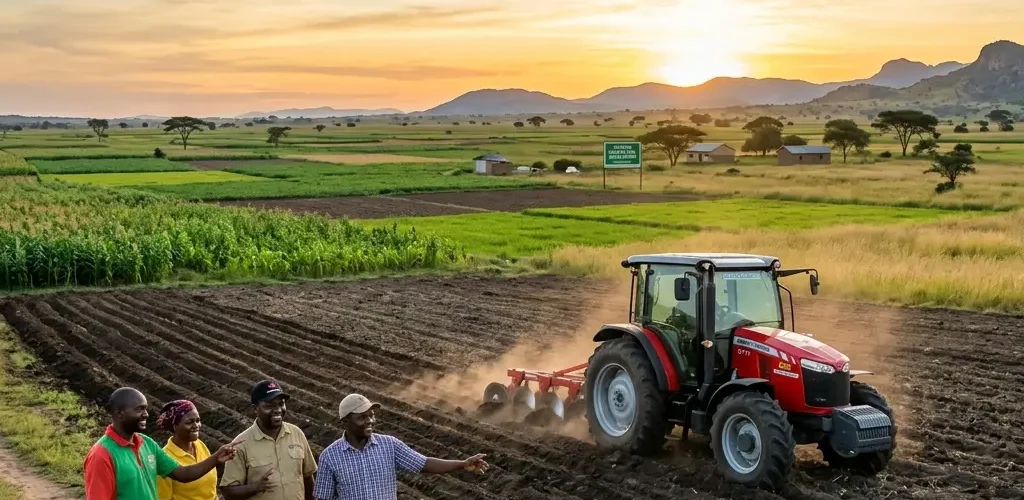 Farmers stand together in a plowed field as a red tractor cultivates the soil at sunset due to golden hour light.