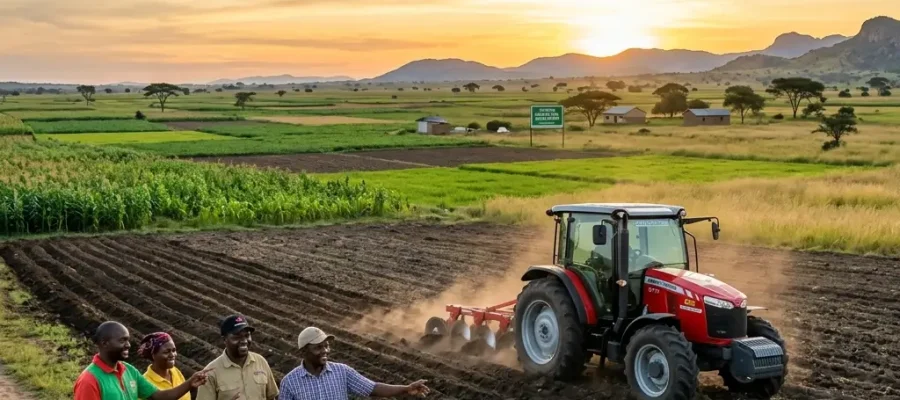 Farmers stand together in a plowed field as a red tractor cultivates the soil at sunset due to golden hour light.